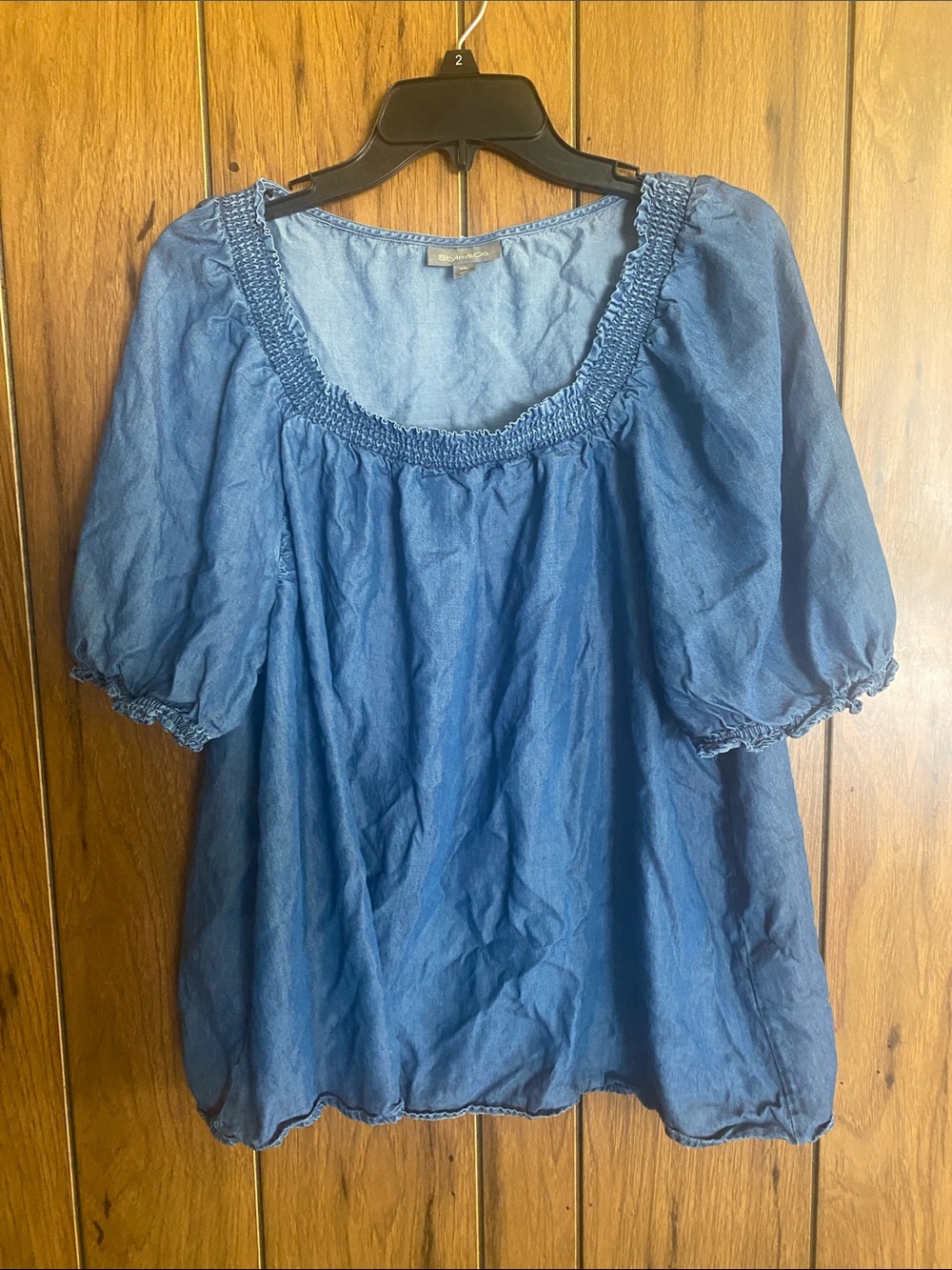 Style & Co. Blue Smocked Scoop-Neck Puff Sleeve Blouse